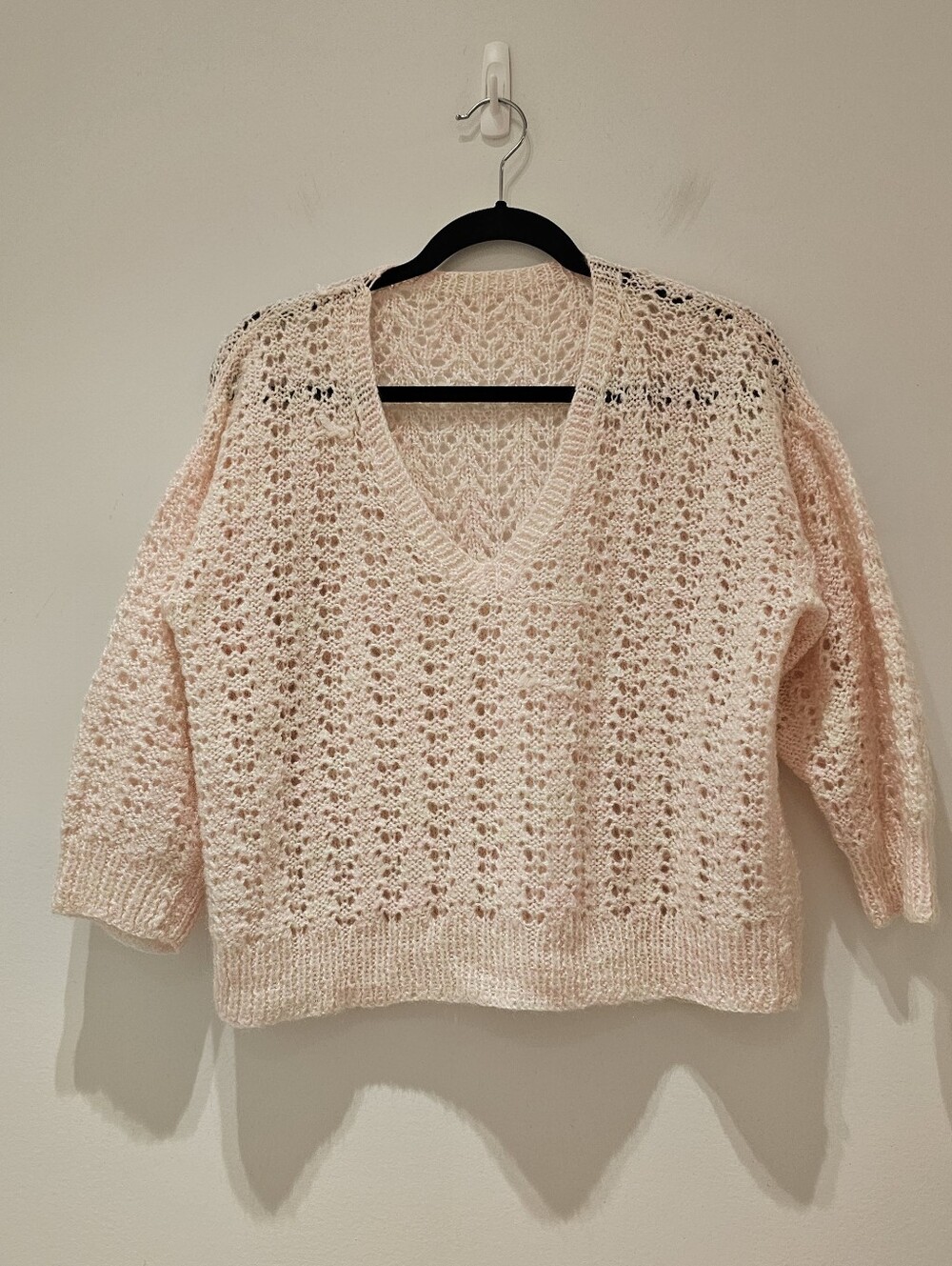 Soft Open-Knit V-Neck Sweater in Light Pink